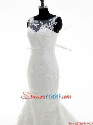 Fantastic Mermaid Scoop White Lace Clasp Handle Wedding Dress Sleeveless With Brush Train Lace and Appliques