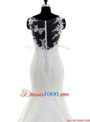Fantastic Mermaid Scoop White Lace Clasp Handle Wedding Dress Sleeveless With Brush Train Lace and Appliques