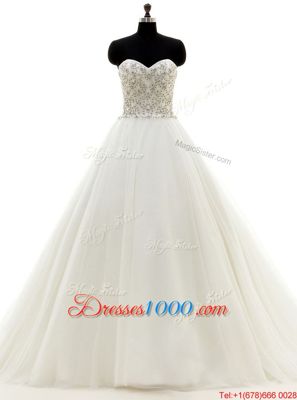 With Train Ball Gowns Sleeveless White Wedding Gowns Brush Train Clasp Handle