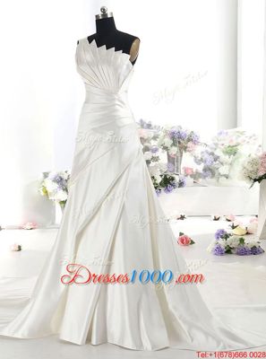 Low Price White Zipper One Shoulder Ruffles Bridal Gown Satin Sleeveless Chapel Train
