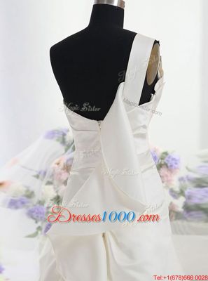 Low Price White Zipper One Shoulder Ruffles Bridal Gown Satin Sleeveless Chapel Train