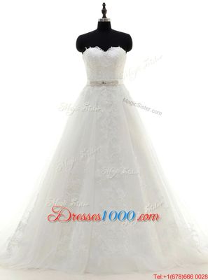 Lace White Zipper Bridal Gown Sashes|ribbons Sleeveless With Brush Train