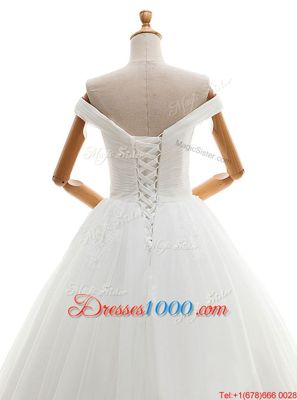 Hot Sale Off the Shoulder White Tulle Lace Up Bridal Gown Sleeveless Floor Length Ruching