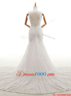 Simple Mermaid With Train Backless Bridal Gown White and In for Wedding Party with Lace Chapel Train