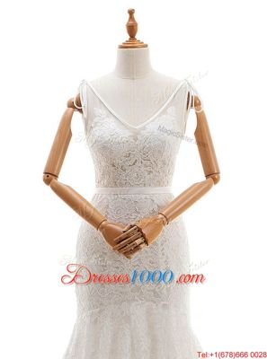 Simple Mermaid With Train Backless Bridal Gown White and In for Wedding Party with Lace Chapel Train