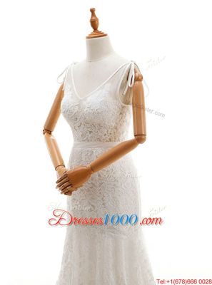 Simple Mermaid With Train Backless Bridal Gown White and In for Wedding Party with Lace Chapel Train