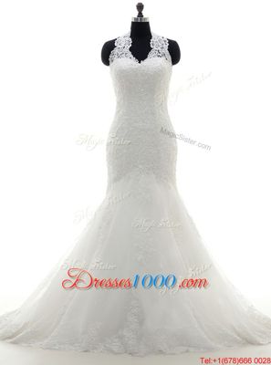 Customized Court Train A-line Wedding Dresses White Scoop Lace Long Sleeves Zipper