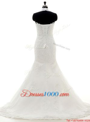 Customized Court Train A-line Wedding Dresses White Scoop Lace Long Sleeves Zipper