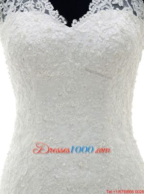 Customized Court Train A-line Wedding Dresses White Scoop Lace Long Sleeves Zipper