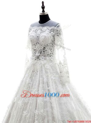 Customized Court Train A-line Wedding Dresses White Scoop Lace Long Sleeves Zipper