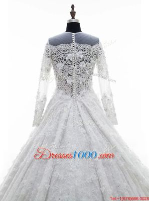 Customized Court Train A-line Wedding Dresses White Scoop Lace Long Sleeves Zipper