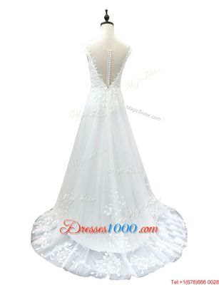 White Sleeveless With Train Beading and Ruffles Lace Up Wedding Gown