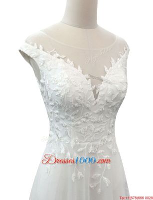 White Sleeveless With Train Beading and Ruffles Lace Up Wedding Gown