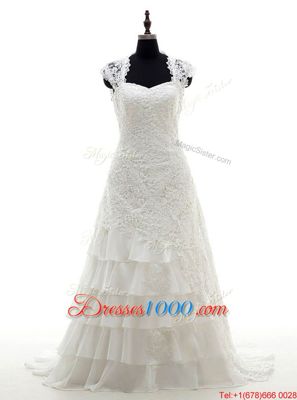 Cap Sleeves With Train Lace and Ruffled Layers Lace Up Wedding Gowns with White Brush Train