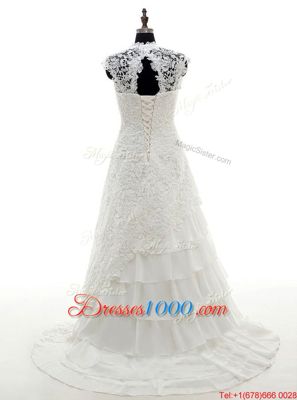 Cap Sleeves With Train Lace and Ruffled Layers Lace Up Wedding Gowns with White Brush Train