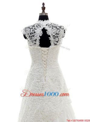 Cap Sleeves With Train Lace and Ruffled Layers Lace Up Wedding Gowns with White Brush Train