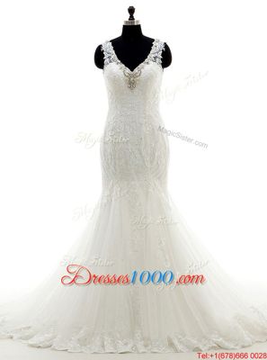 Mermaid With Train White Wedding Dresses Tulle Sleeveless Beading and Lace and Appliques