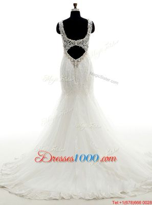 Mermaid With Train White Wedding Dresses Tulle Sleeveless Beading and Lace and Appliques