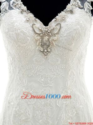 Mermaid With Train White Wedding Dresses Tulle Sleeveless Beading and Lace and Appliques