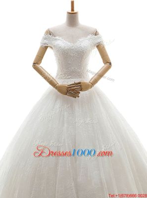 Most Popular Off the Shoulder White Tulle Lace Up Wedding Gown Sleeveless With Train Court Train Lace and Appliques