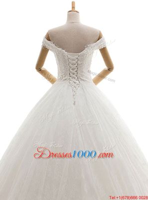 Most Popular Off the Shoulder White Tulle Lace Up Wedding Gown Sleeveless With Train Court Train Lace and Appliques