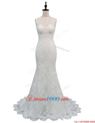 Customized Mermaid Sleeveless Lace With Brush Train Clasp Handle Wedding Gown in White for with Lace and Appliques