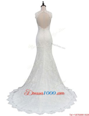 Discount Mermaid Sleeveless Lace With Brush Train Backless Wedding Dresses in White for with Lace