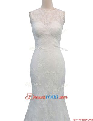 Discount Mermaid Sleeveless Lace With Brush Train Backless Wedding Dresses in White for with Lace