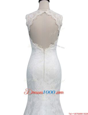 Discount Mermaid Sleeveless Lace With Brush Train Backless Wedding Dresses in White for with Lace