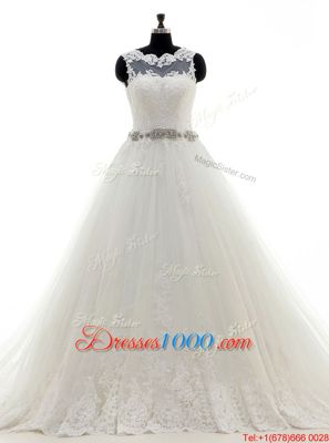 Scalloped White Sleeveless With Train Beading and Lace and Appliques Clasp Handle Wedding Dresses