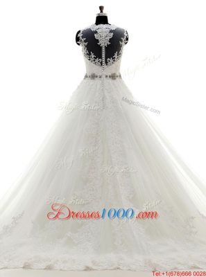 Scalloped White Sleeveless With Train Beading and Lace and Appliques Clasp Handle Wedding Dresses