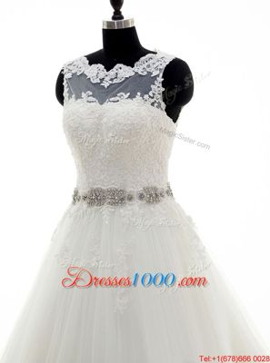 Scalloped White Sleeveless With Train Beading and Lace and Appliques Clasp Handle Wedding Dresses