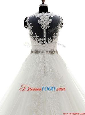 Scalloped White Sleeveless With Train Beading and Lace and Appliques Clasp Handle Wedding Dresses