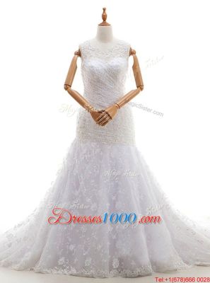 Custom Made Scoop White Zipper Wedding Dresses Lace and Ruching Sleeveless With Train Court Train