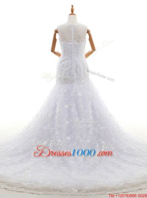 Custom Made Scoop White Zipper Wedding Dresses Lace and Ruching Sleeveless With Train Court Train