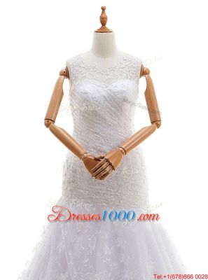 Custom Made Scoop White Zipper Wedding Dresses Lace and Ruching Sleeveless With Train Court Train