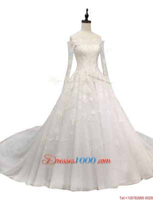 White A-line Tulle Off The Shoulder Long Sleeves Lace and Appliques With Train Zipper Bridal Gown Chapel Train