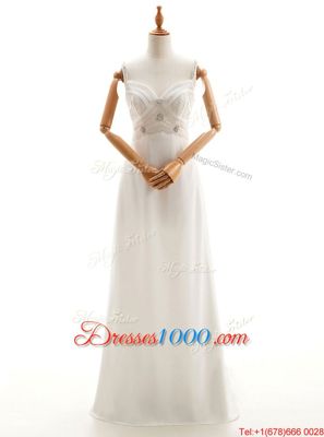 Sleeveless Chiffon Floor Length Backless Wedding Dress in White for with Beading