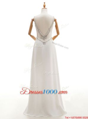 Sleeveless Chiffon Floor Length Backless Wedding Dress in White for with Beading