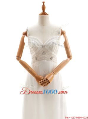 Sleeveless Chiffon Floor Length Backless Wedding Dress in White for with Beading