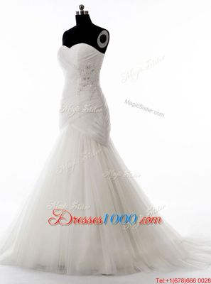 Eye-catching White Satin and Organza Zipper Sweetheart Long Sleeves With Train Wedding Gown Sweep Train Pick Ups