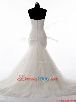 Eye-catching White Satin and Organza Zipper Sweetheart Long Sleeves With Train Wedding Gown Sweep Train Pick Ups