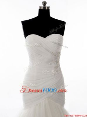 Eye-catching White Satin and Organza Zipper Sweetheart Long Sleeves With Train Wedding Gown Sweep Train Pick Ups