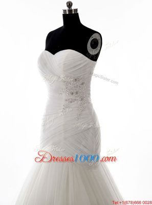 Eye-catching White Satin and Organza Zipper Sweetheart Long Sleeves With Train Wedding Gown Sweep Train Pick Ups