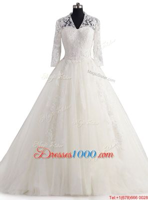 Custom Design V-neck 3|4 Length Sleeve Brush Train Zipper Wedding Dress White Tulle