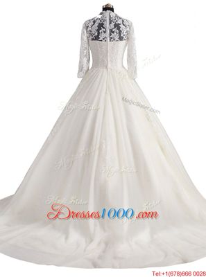 Custom Design V-neck 3|4 Length Sleeve Brush Train Zipper Wedding Dress White Tulle