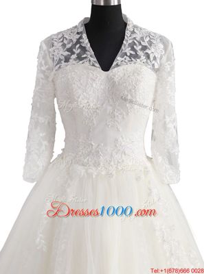 Custom Design V-neck 3|4 Length Sleeve Brush Train Zipper Wedding Dress White Tulle