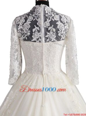 Custom Design V-neck 3|4 Length Sleeve Brush Train Zipper Wedding Dress White Tulle