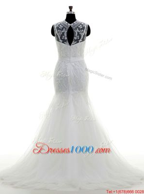 Decent Mermaid Scoop With Train Zipper Bridal Gown White and In for Wedding Party with Beading Brush Train