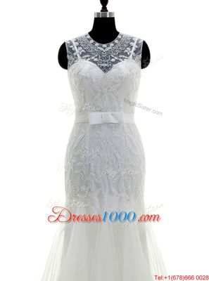 Decent Mermaid Scoop With Train Zipper Bridal Gown White and In for Wedding Party with Beading Brush Train